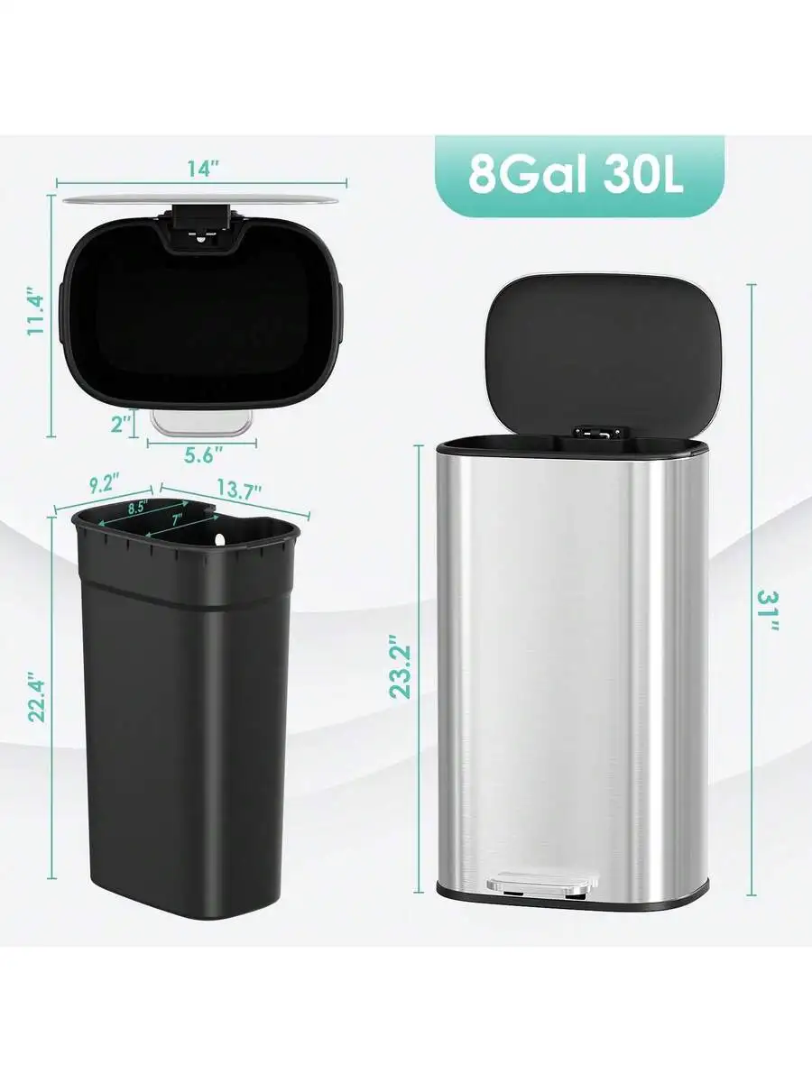 8 Gallon 30L Step Trash Can With Slow Close Lid Removable Inner Bucket Foot Pedal Brushed Stainless Steel
8 Gallon 30L Step Trash Can With Slow Close Lid Removable Inner Bucket Foot Pedal Brushed Stainless Steel