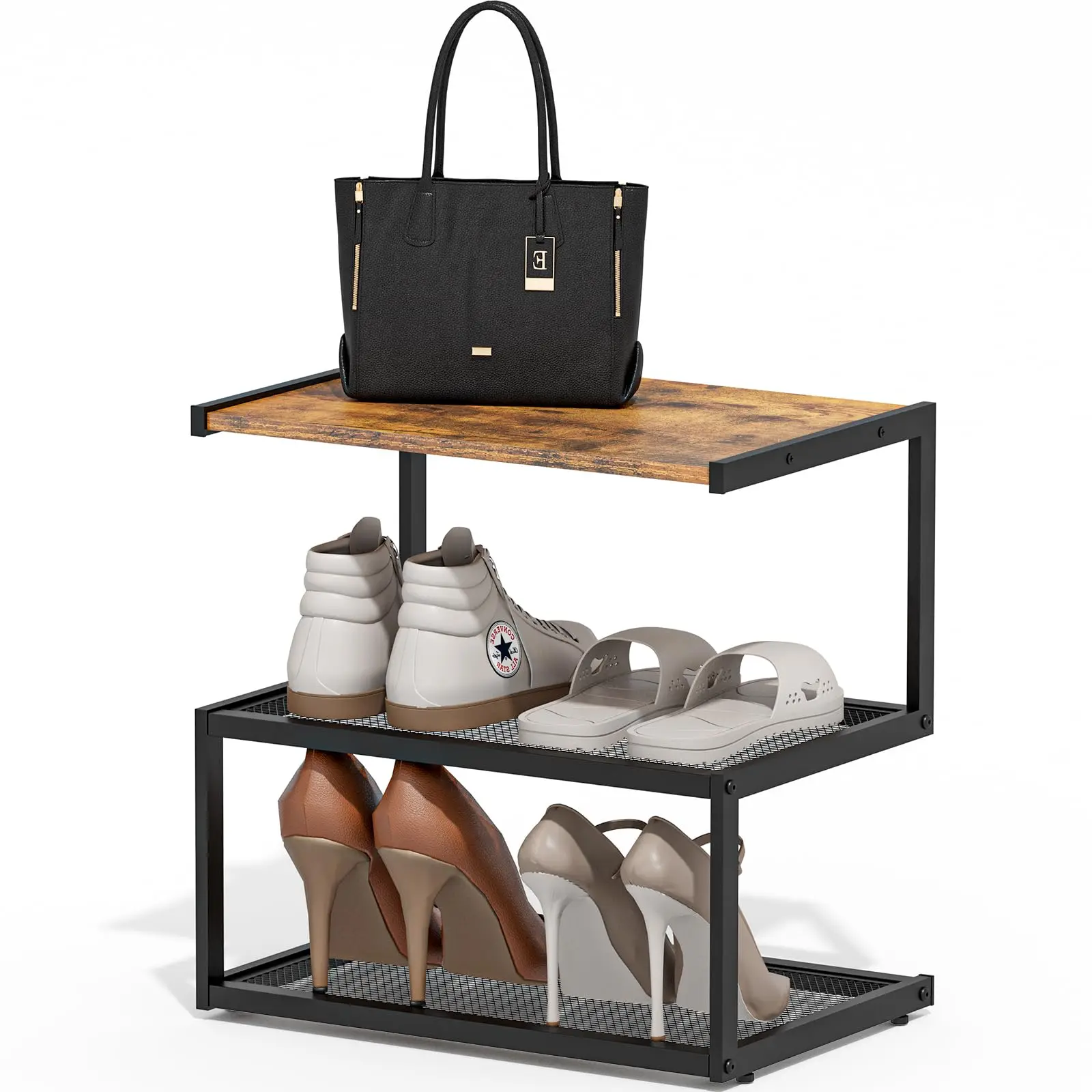 Compact 3-Tier Shoe Organizer With Wooden Top And Metal Frame, Free-Standing Entryway Storage For Shoes And Bags
Compact 3-Tier Shoe Organizer With Wooden Top And Metal Frame, Free-Standing Entryway Storage For Shoes And Bags
