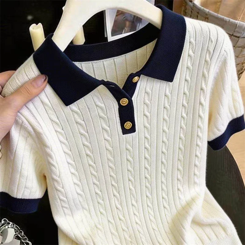 Women's T-shirt Blouse Contrast Color Fried Dough Twists POLO Collar Short Sleeve T-shirt Summer New Loose Thin Ice Top Pullover
Women's T-shirt Blouse Contrast Color Fried Dough Twists POLO Collar Short Sleeve T-shirt Summer New Loose Thin Ice Top Pullover