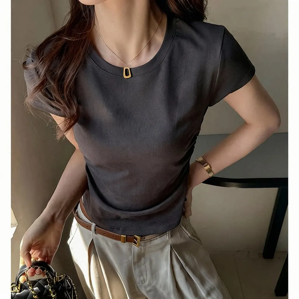 American Style Short Sleeve T-Shirt Women Summer New Pure Color Gathered Slimming Sexy Versatile Top Base Shirt
American Style Short Sleeve T-Shirt Women Summer New Pure Color Gathered Slimming Sexy Versatile Top Base Shirt