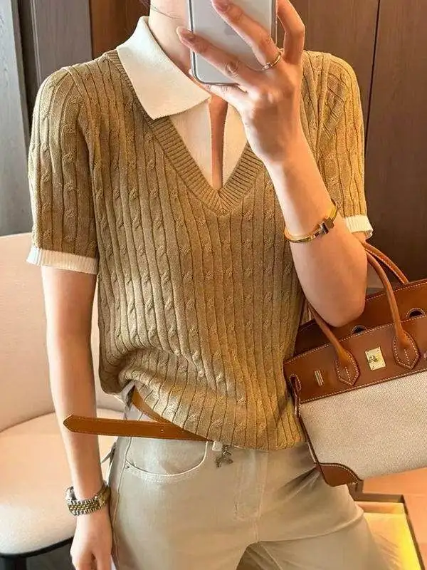 Korean Style Knitted Short Sleeve T-Shirt Women's Summer High-End Feel Polka Dot Shirt Shoulder Level Top Fake Two-Piece
Korean Style Knitted Short Sleeve T-Shirt Women's Summer High-End Feel Polka Dot Shirt Shoulder Level Top Fake Two-Piece