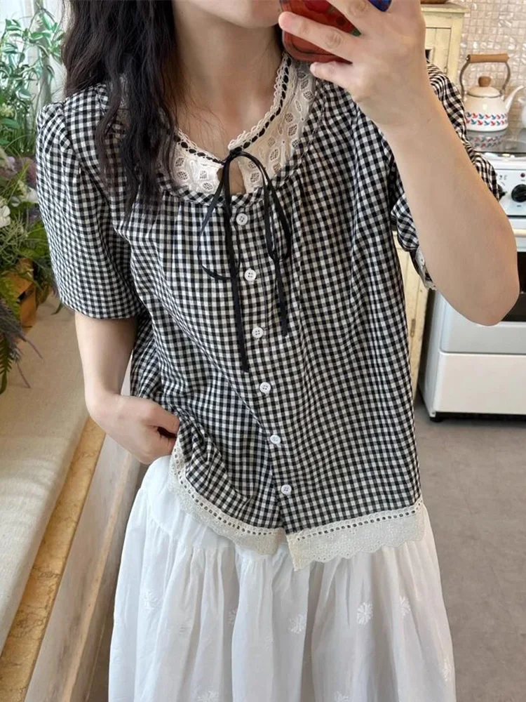 Zoki Sweet Vintage Women Plaid Blouse Casual Preppy Style Lace Patchwork Loose Shirt Cute Retro Female Short Sleeve Lace Up Tops
Zoki Sweet Vintage Women Plaid Blouse Casual Preppy Style Lace Patchwork Loose Shirt Cute Retro Female Short Sleeve Lace Up Tops