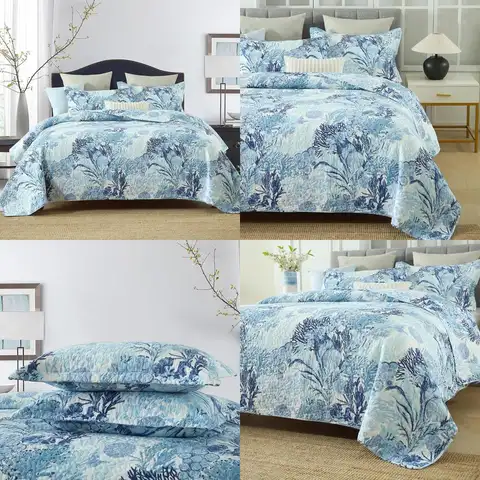 Cotton Autumn Dream Quilt Set with Reversible Coverlet and Fairytale Seaweed Blue Comforters