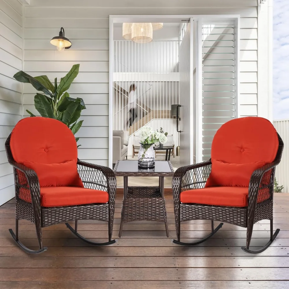 3PCS Outdoor Wicker Rocking Chair Furniture Sets, Patio Rattan Rocker Chairs with 2 Rattan Chairs, Cushions, Glass Top Side Tabl
3PCS Outdoor Wicker Rocking Chair Furniture Sets, Patio Rattan Rocker Chairs with 2 Rattan Chairs, Cushions, Glass Top Side Tabl
