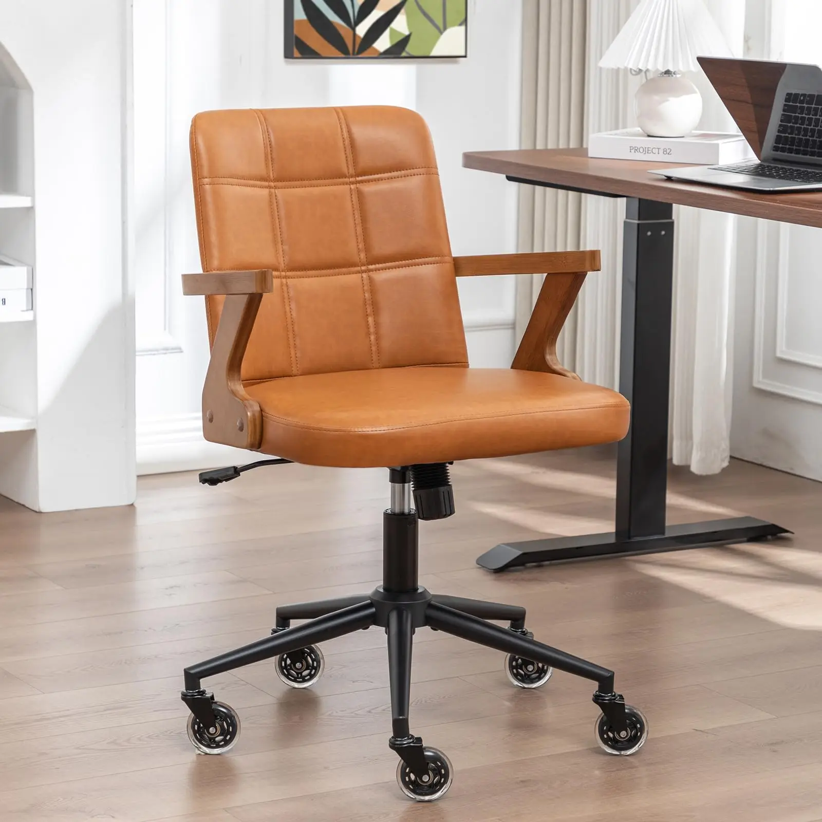 Brown Faux Leather Mid-Century Task Chair With Curved Wooden Arms, Adjustable Height, Swivel Base And Silent Casters
Brown Faux Leather Mid-Century Task Chair With Curved Wooden Arms, Adjustable Height, Swivel Base And Silent Casters