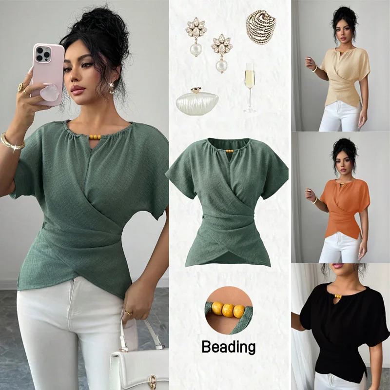 Women's Short-sleeved T-shirt Summer O-neck Slim Lace-up Solid Color Pleated Fashion Design Top Versatile Simple T-shirt
Women's Short-sleeved T-shirt Summer O-neck Slim Lace-up Solid Color Pleated Fashion Design Top Versatile Simple T-shirt