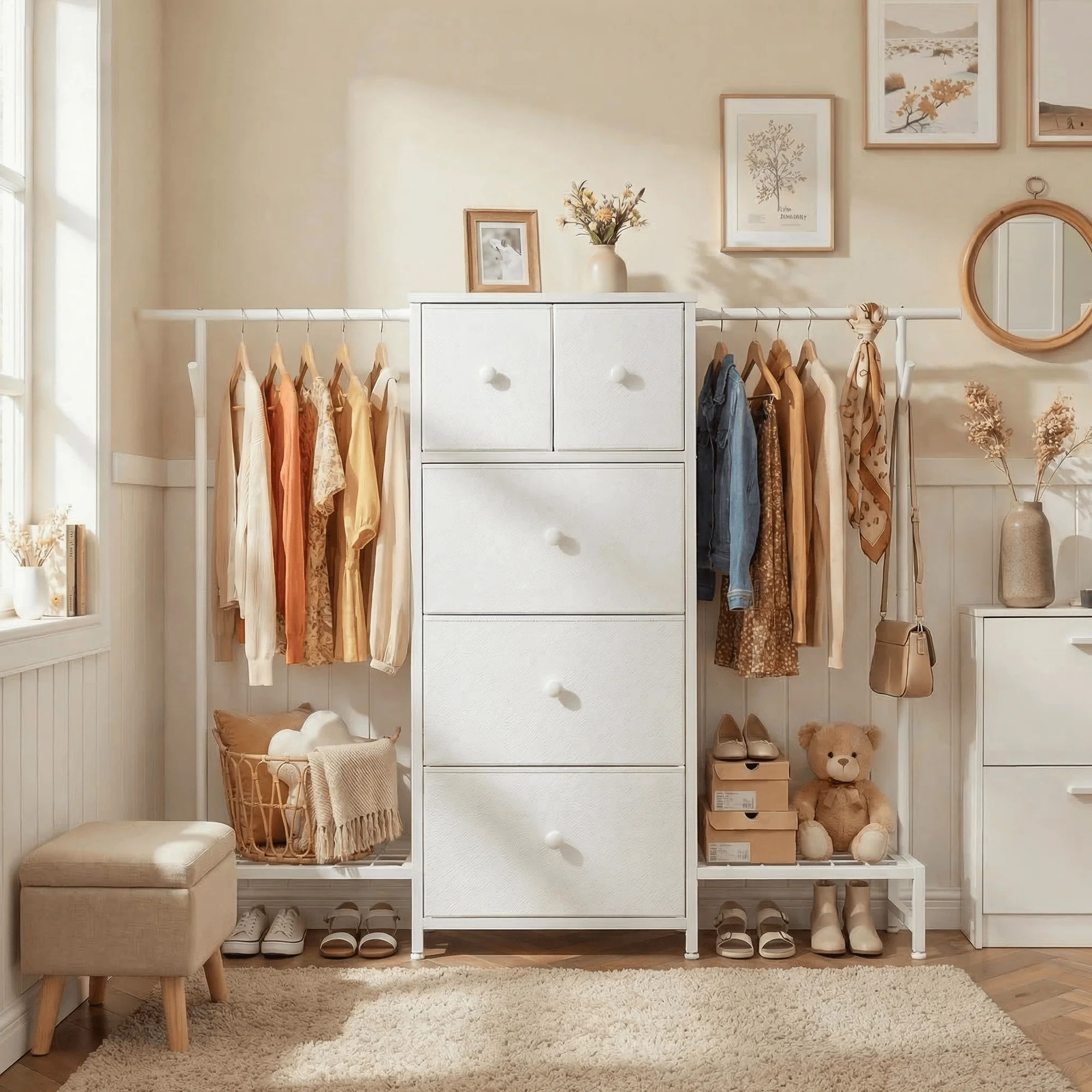 3-in-1 Dresser & Hanging Rack – 57.8" Wide with 5 Drawers & Shoe Rack, Side Hooks for Bedroom Storage and Walk-in closet
3-in-1 Dresser & Hanging Rack – 57.8" Wide with 5 Drawers & Shoe Rack, Side Hooks for Bedroom Storage and Walk-in closet
