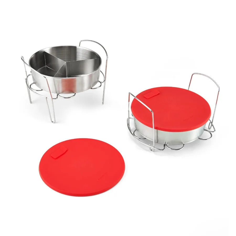 Official 8-piece Cook Bake Set: 2 Pans 2 Wire Racks 2 Red Silicone Lids 1 Removable Divider and Removable Base
Official 8-piece Cook Bake Set: 2 Pans 2 Wire Racks 2 Red Silicone Lids 1 Removable Divider and Removable Base
