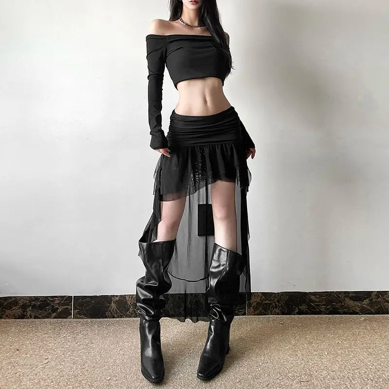 Street Style Light Tulle Perspective Stacked Design Pure Black Mesh Slim Pleated Skirt for Women
Street Style Light Tulle Perspective Stacked Design Pure Black Mesh Slim Pleated Skirt for Women