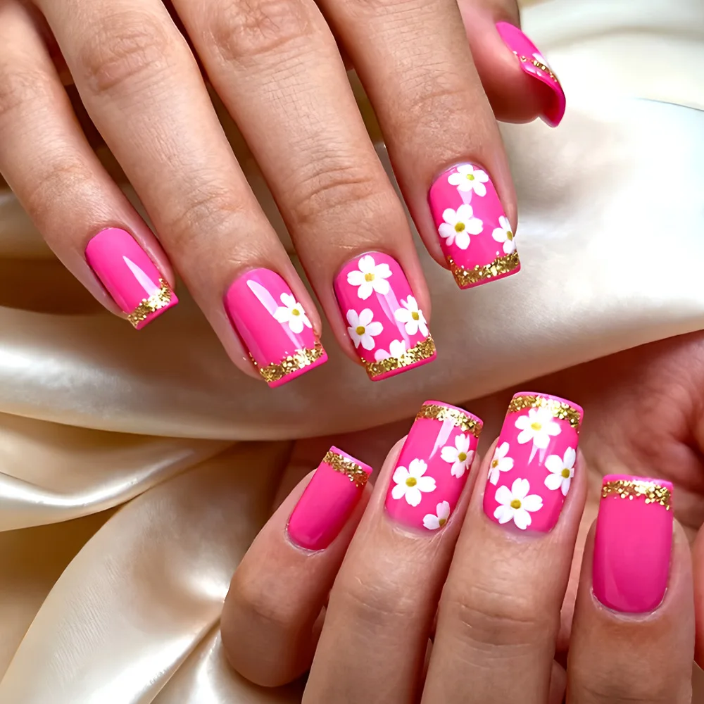 24Pcs fake nail art, short Chinese glitter pink spring/summer nail art, pink gold border flower petals simple and sweet, anniversary gift, perfect gift for women, birthday gift, holiday gift
24Pcs fake nail art, short Chinese glitter pink spring/summer nail art, pink gold border flower petals simple and sweet, anniversary gift, perfect gift for women, birthday gift, holiday gift