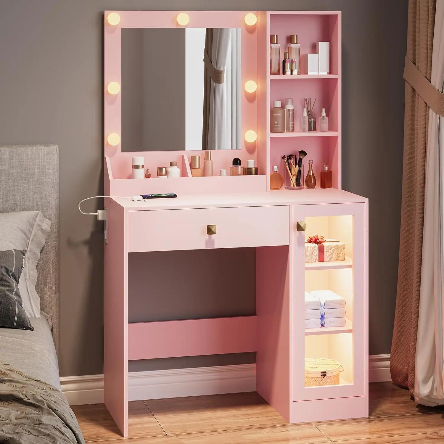 Makeup Table with Charging Station & RGB Storage Cabinet,Large Drawer & Storage Shelves Color options available
Makeup Table with Charging Station & RGB Storage Cabinet,Large Drawer & Storage Shelves Color options available