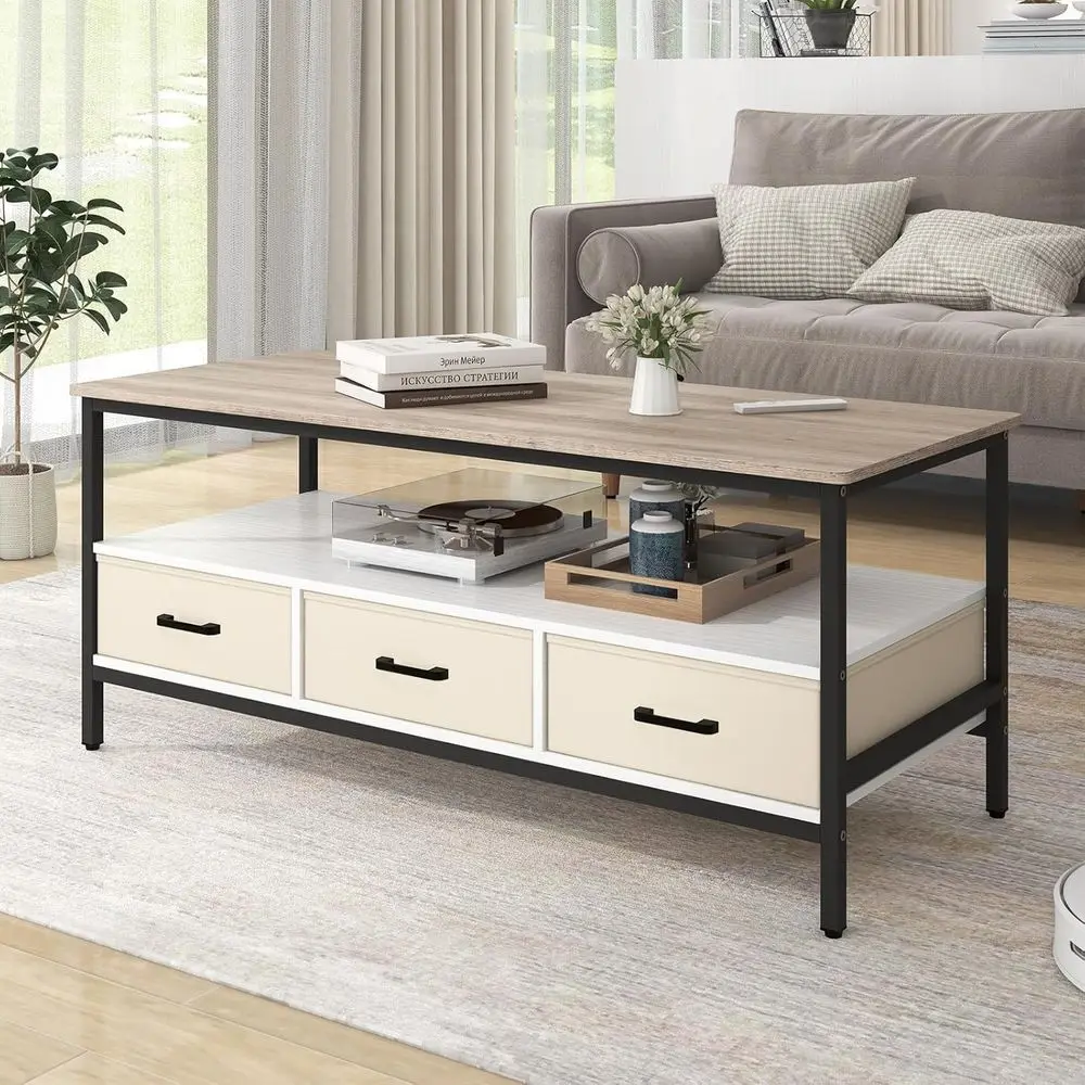 46 Coffee Table with Storage, 2Tier Wood Coffee Table with Open Display Shelf amp Foldable Drawers, Farmhouse Table with Metal
46 Coffee Table with Storage, 2Tier Wood Coffee Table with Open Display Shelf amp Foldable Drawers, Farmhouse Table with Metal