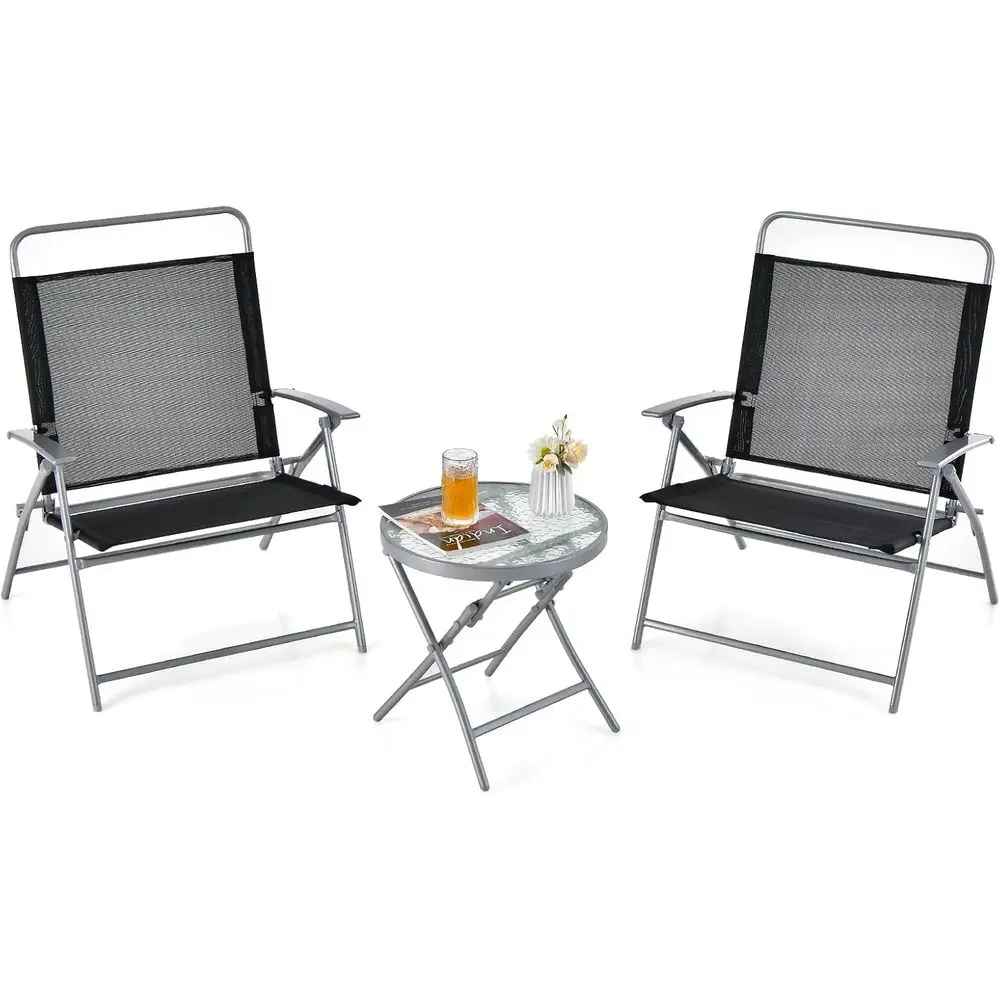 3-Piece Outdoor Bistro Set with 2 Folding Chairs and Glass Top Table for Patio, Deck, or Yard
3-Piece Outdoor Bistro Set with 2 Folding Chairs and Glass Top Table for Patio, Deck, or Yard