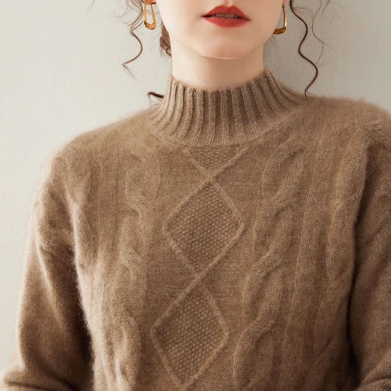 Женский пуловер с ромбовидным узором и полувысоким воротником, простой классический свитер из 100% кашемира, осень-зима, повседневная теплая трикотажная одежда 
Женский пуловер с ромбовидным узором и полувысоким воротником, простой классический свитер из 100% кашемира, осень-зима, повседневная теплая трикотажная одежда