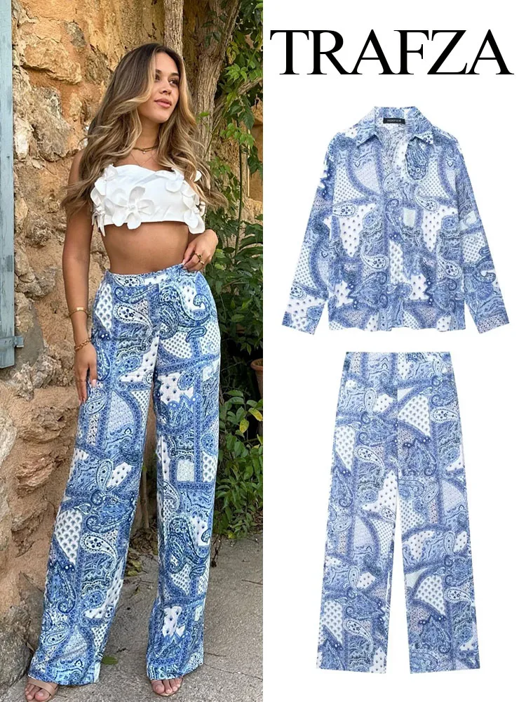 TRAFZA Women Fashion Print Long Sleeves Single-Breasted Lapel Casual Shirt Top+Elastic Waist Loose Slim Long Pants 2 Piece Set
TRAFZA Women Fashion Print Long Sleeves Single-Breasted Lapel Casual Shirt Top+Elastic Waist Loose Slim Long Pants 2 Piece Set