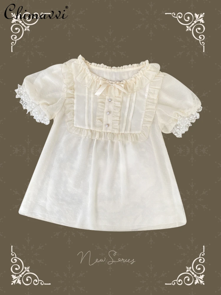 Japanese Elegant Retro Lolita Inner Wear Blouse Lace Stitching Bow Ruffles round Neck Puff Short Sleeve Shirt Women's Summer
Japanese Elegant Retro Lolita Inner Wear Blouse Lace Stitching Bow Ruffles round Neck Puff Short Sleeve Shirt Women's Summer