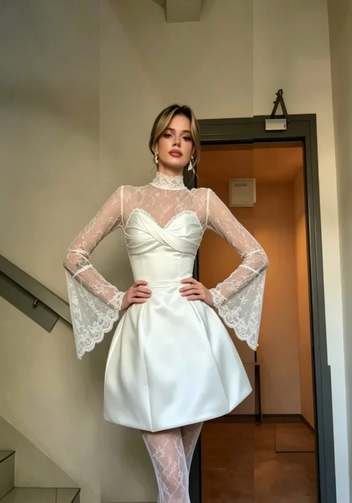 Women Elegant Lace Long Sleeve Mini Wedding Dress High Neck Satin Short Bridal Gown A-line Reception Skirt Party Event Gown
Women Elegant Lace Long Sleeve Mini Wedding Dress High Neck Satin Short Bridal Gown A-line Reception Skirt Party Event Gown