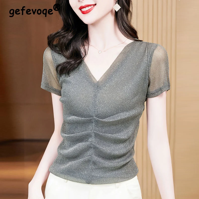 Women Fashion Ruched Bright Silk Sexy Sheer Mesh Elegant Basic T-shirt 2023 Summer V-neck Short Sleeve Slim Tops Ropa De Mujer
Women Fashion Ruched Bright Silk Sexy Sheer Mesh Elegant Basic T-shirt 2023 Summer V-neck Short Sleeve Slim Tops Ropa De Mujer