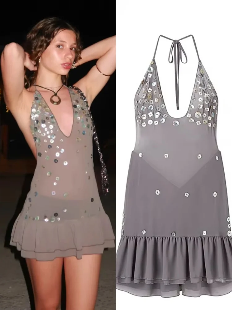 Chic Sequin Halter Dress For Women Y2k Deep V Backless Sleeveless Slim Fit Layered Ruffle Gown 2025 Summer Lady Beach Vestidos
Chic Sequin Halter Dress For Women Y2k Deep V Backless Sleeveless Slim Fit Layered Ruffle Gown 2025 Summer Lady Beach Vestidos