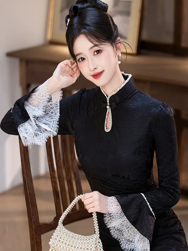 Ele Long Bla Fce-lined Embroidered Satin Young Sle Women's with Bell Sves Warm And Sli Daily Wear
Ele Long Bla Fce-lined Embroidered Satin Young Sle Women's with Bell Sves Warm And Sli Daily Wear