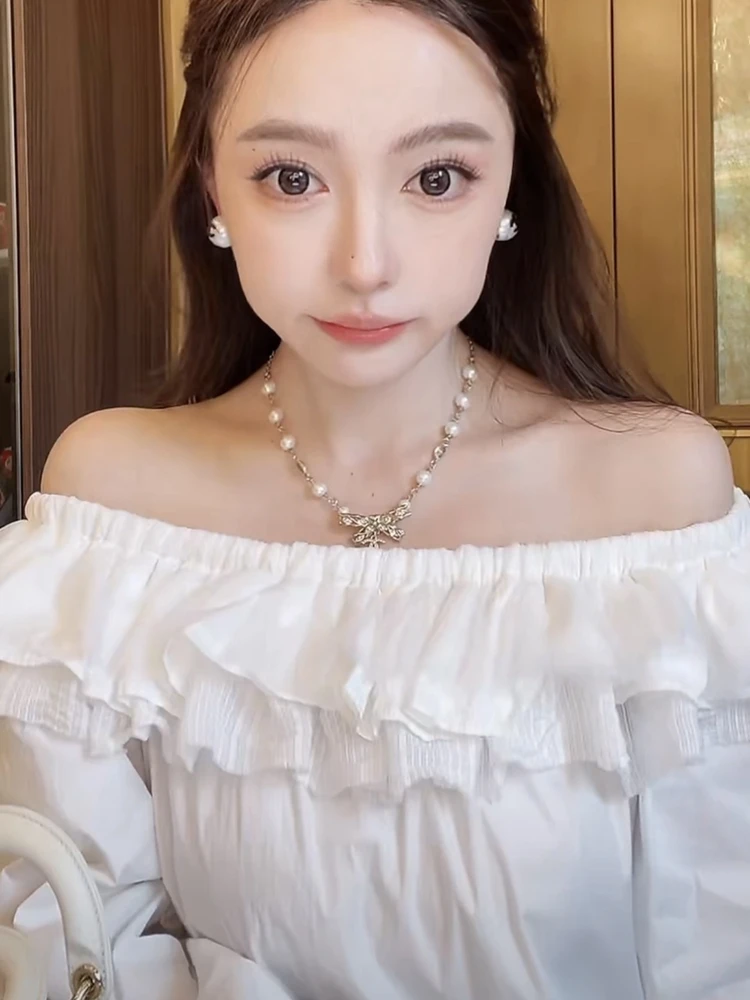 French Sle Pure Cotton White irt Women's Off-oulder Tee-Layer Ruffle Light And Playful Faion Summer Season Long Sve
French Sle Pure Cotton White irt Women's Off-oulder Tee-Layer Ruffle Light And Playful Faion Summer Season Long Sve