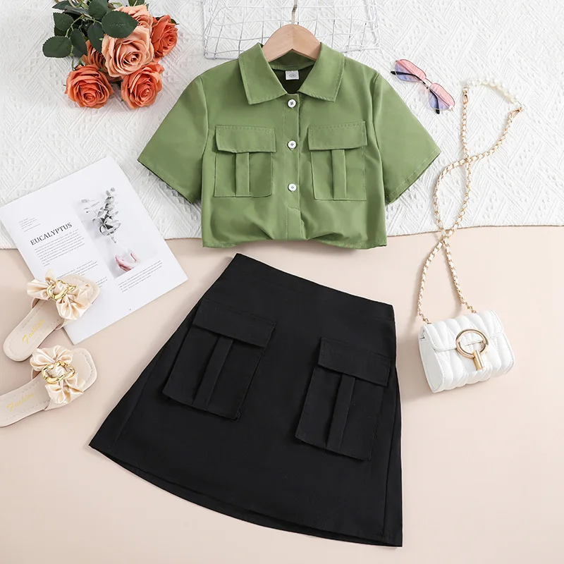 Kids Sets For Girls 8-12 Years Girls Green Cargo Top + Black Cargo Skirts Fashion Leisure Summer Girls Clothes Set
Kids Sets For Girls 8-12 Years Girls Green Cargo Top + Black Cargo Skirts Fashion Leisure Summer Girls Clothes Set