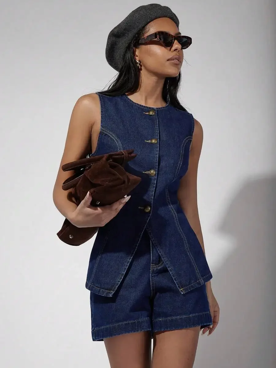 Womens Denim Vest And Shorts Set Single Breasted Casual Outfit
Womens Denim Vest And Shorts Set Single Breasted Casual Outfit