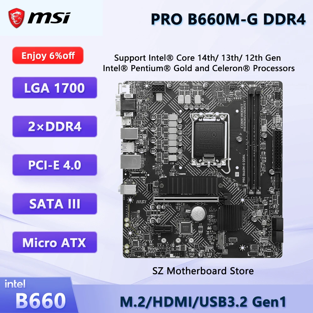 MSI PRO B660M-G DDR4 LGA 1700 B660 Micro ATX Motherboard For Core i5-12400 i7-12700 i3-12100 CPU DDR4 HDMI M.2 USB3.2 Gen1
MSI PRO B660M-G DDR4 LGA 1700 B660 Micro ATX Motherboard For Core i5-12400 i7-12700 i3-12100 CPU DDR4 HDMI M.2 USB3.2 Gen1