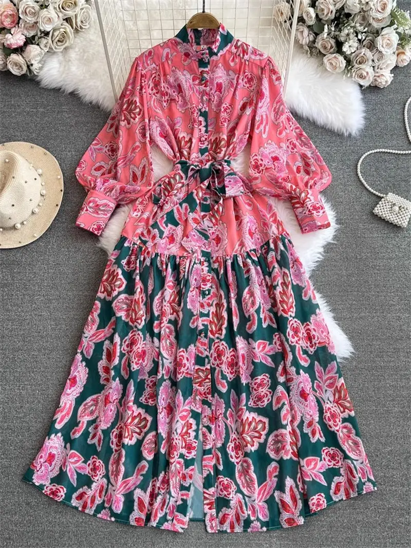 Spring And Autumn Retro Palace Style Dress Women Lantern Sleeve Stand Neck Waist Slim Single Breasted A-Line Printed Dress Z4459
Spring And Autumn Retro Palace Style Dress Women Lantern Sleeve Stand Neck Waist Slim Single Breasted A-Line Printed Dress Z4459