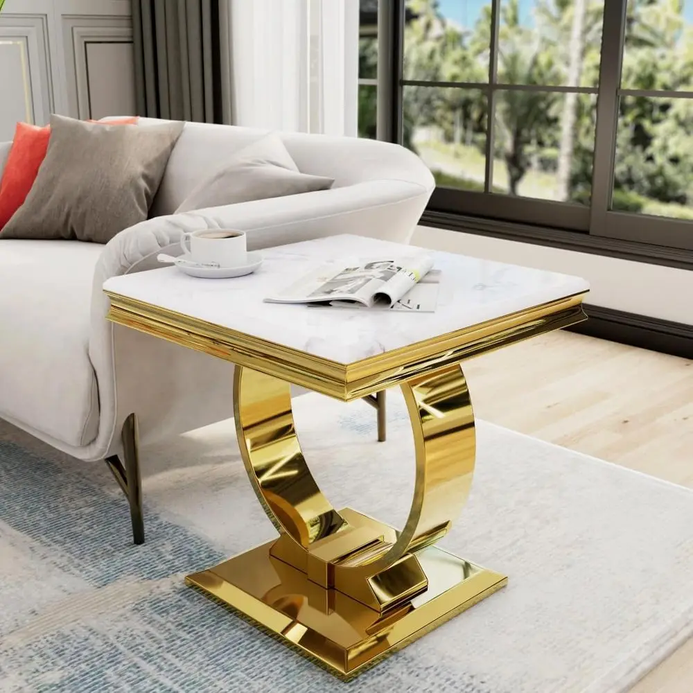 Gold End Side Table, White Side Table or Living Room, Bedroom, Stable End Table with U-Shaped Polished Gold Base and Square Bott
Gold End Side Table, White Side Table or Living Room, Bedroom, Stable End Table with U-Shaped Polished Gold Base and Square Bott