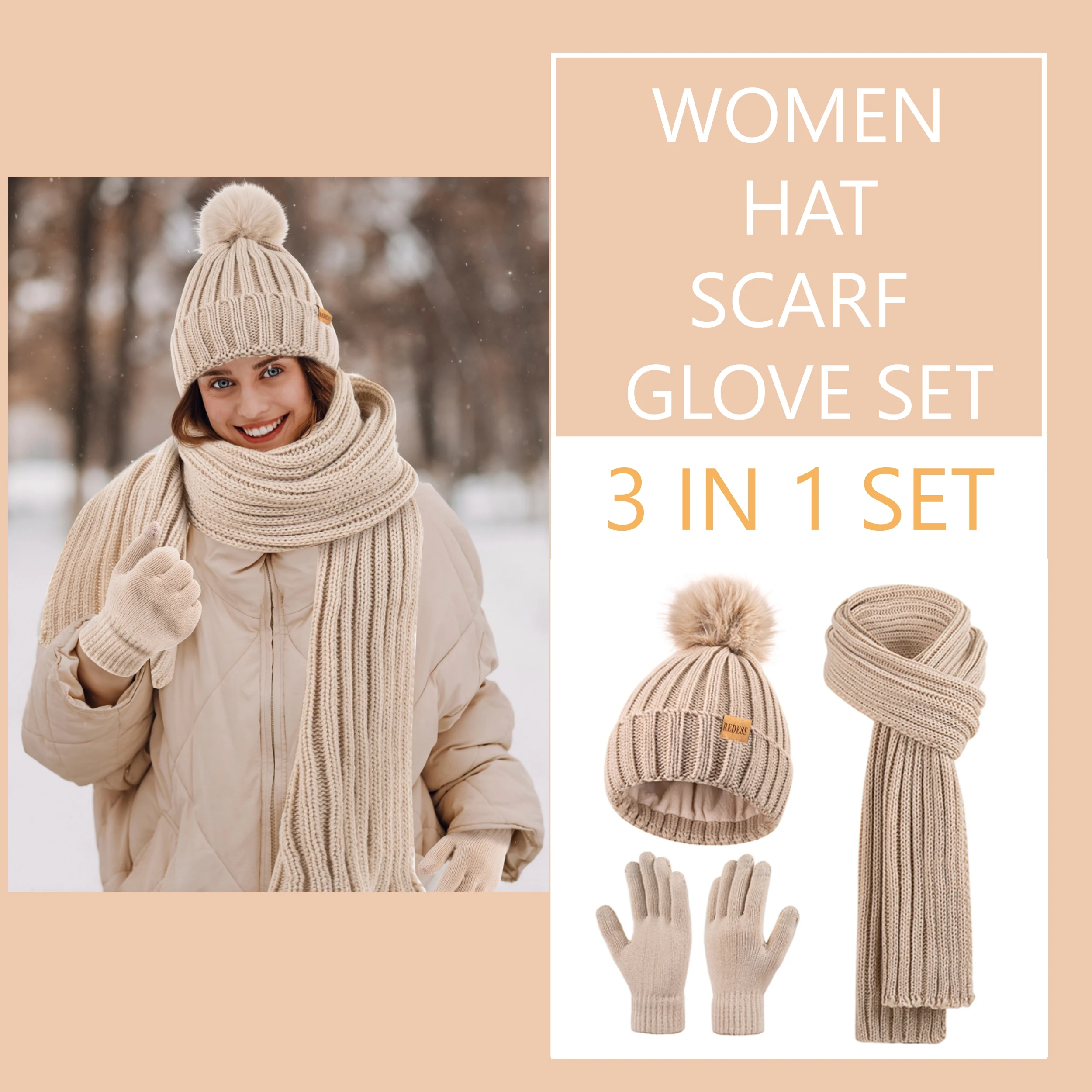 3Pc Winter fashion pompom hat, touchscreen gloves, knitted long scarf, warm and windproof, a warm gift, for friends and family
3Pc Winter fashion pompom hat, touchscreen gloves, knitted long scarf, warm and windproof, a warm gift, for friends and family