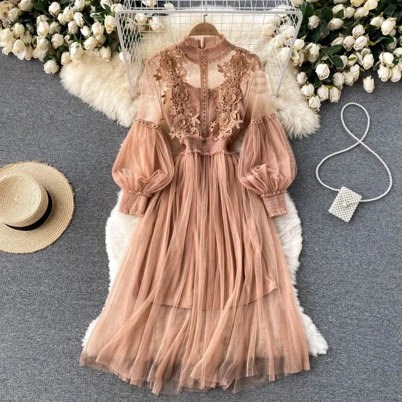 Ladies Solid Color Dress Flower Hook Mesh Temperament Stand Collar Lantern Sleeve High Waist Slim Female Elegant Dresses Платье
Ladies Solid Color Dress Flower Hook Mesh Temperament Stand Collar Lantern Sleeve High Waist Slim Female Elegant Dresses Платье