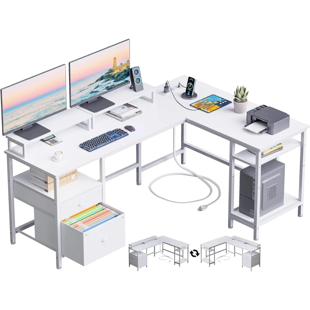 59" L Shaped Desk with Power Outlet, Reversible Computer Desk with Storage Shelves, Suitable for Gaming and Writing
59" L Shaped Desk with Power Outlet, Reversible Computer Desk with Storage Shelves, Suitable for Gaming and Writing