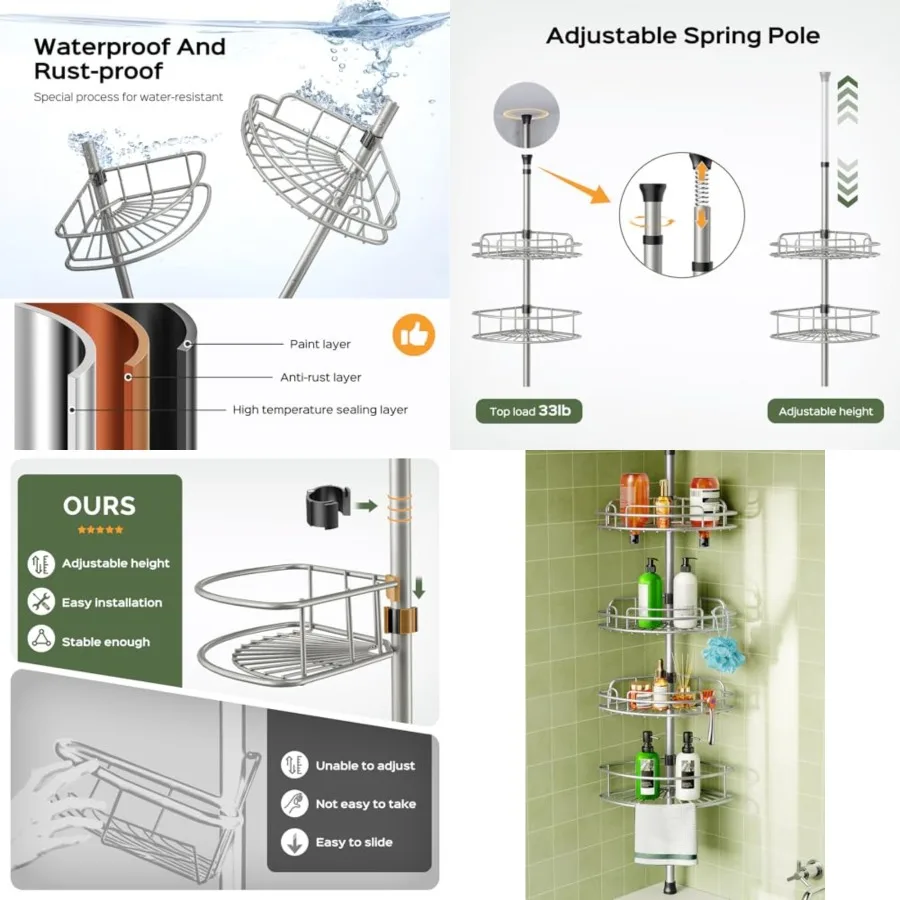 Corner Shower Caddy Tension Pole: 4-Tier Rust-Resistant Adjustable Bathroom Organizer Shelves - 47-121 Inch No-Drill Quick Inst
Corner Shower Caddy Tension Pole: 4-Tier Rust-Resistant Adjustable Bathroom Organizer Shelves - 47-121 Inch No-Drill Quick Inst