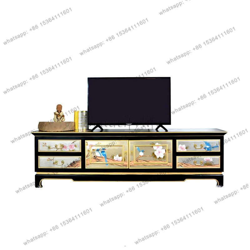 Champagne silver foil painted new Chinese TV cabinet drawer locker coffee table combination
Champagne silver foil painted new Chinese TV cabinet drawer locker coffee table combination
