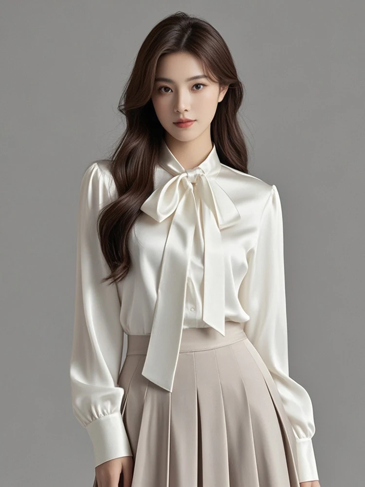 Elegant White Satin Bow Tie Shirt Women's Spring Design Fashionable Professional Formal Shirt Korean Style Loose Fit Long Sleeve
Elegant White Satin Bow Tie Shirt Women's Spring Design Fashionable Professional Formal Shirt Korean Style Loose Fit Long Sleeve