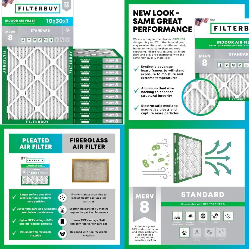 10x30x1 MERV 8 плиссированных воздушных фильтров, сменный комплект из 12 шт. для систем печей HVAC AC
10x30x1 MERV 8 плиссированных воздушных фильтров, сменный комплект из 12 шт. для систем печей HVAC AC