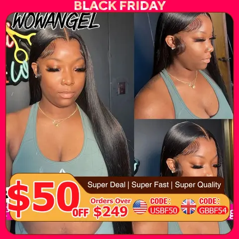 WowAngel 250% pelucas frontales de encaje 13x6 HD pre decoloradas 34 pulgadas pelucas de cabello humano liso sin pegamento cabello brasileño prearrancado para mujeres