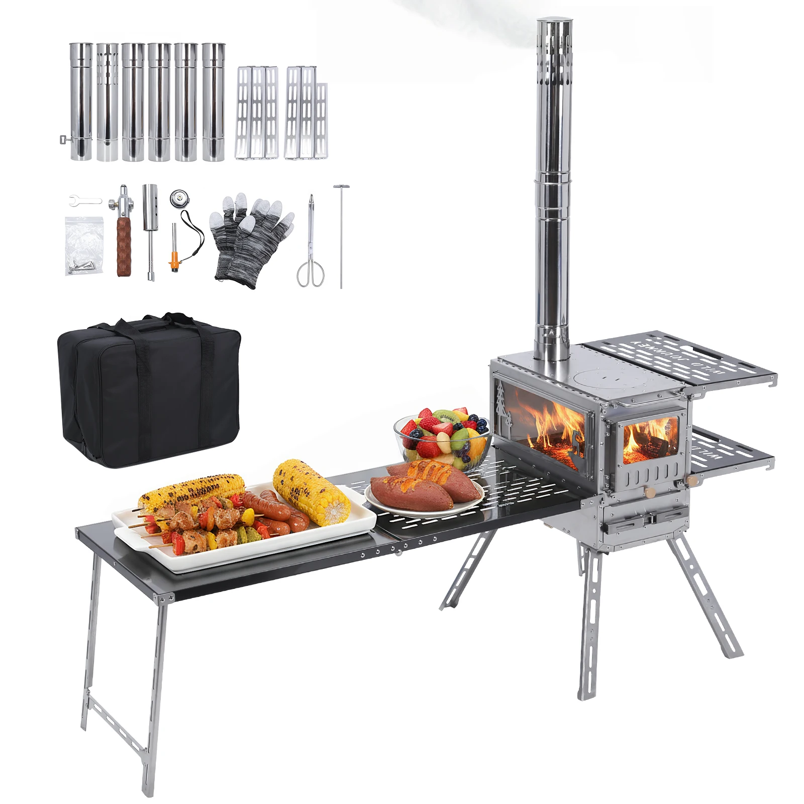 Camping Stove with Oven & Camping Table with Chimney Pipe Multi-Fuel Camp Stove Stainless Steel for Heating Cooking Hunting
Camping Stove with Oven & Camping Table with Chimney Pipe Multi-Fuel Camp Stove Stainless Steel for Heating Cooking Hunting