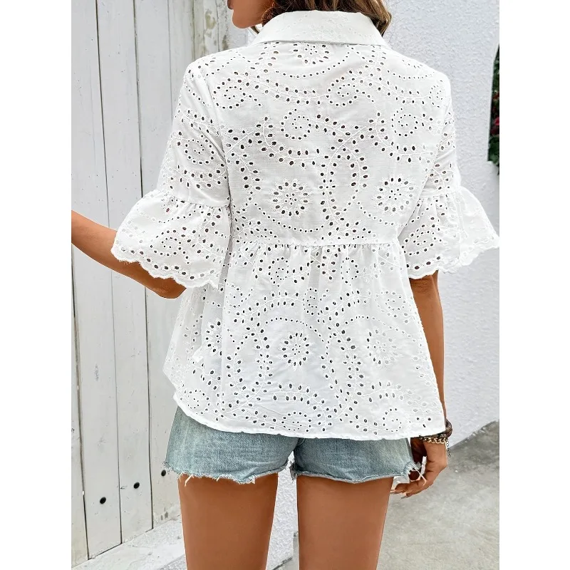 2025 summer lapel hollow embroidered women's short-sleeved shirt French casual top
2025 summer lapel hollow embroidered women's short-sleeved shirt French casual top