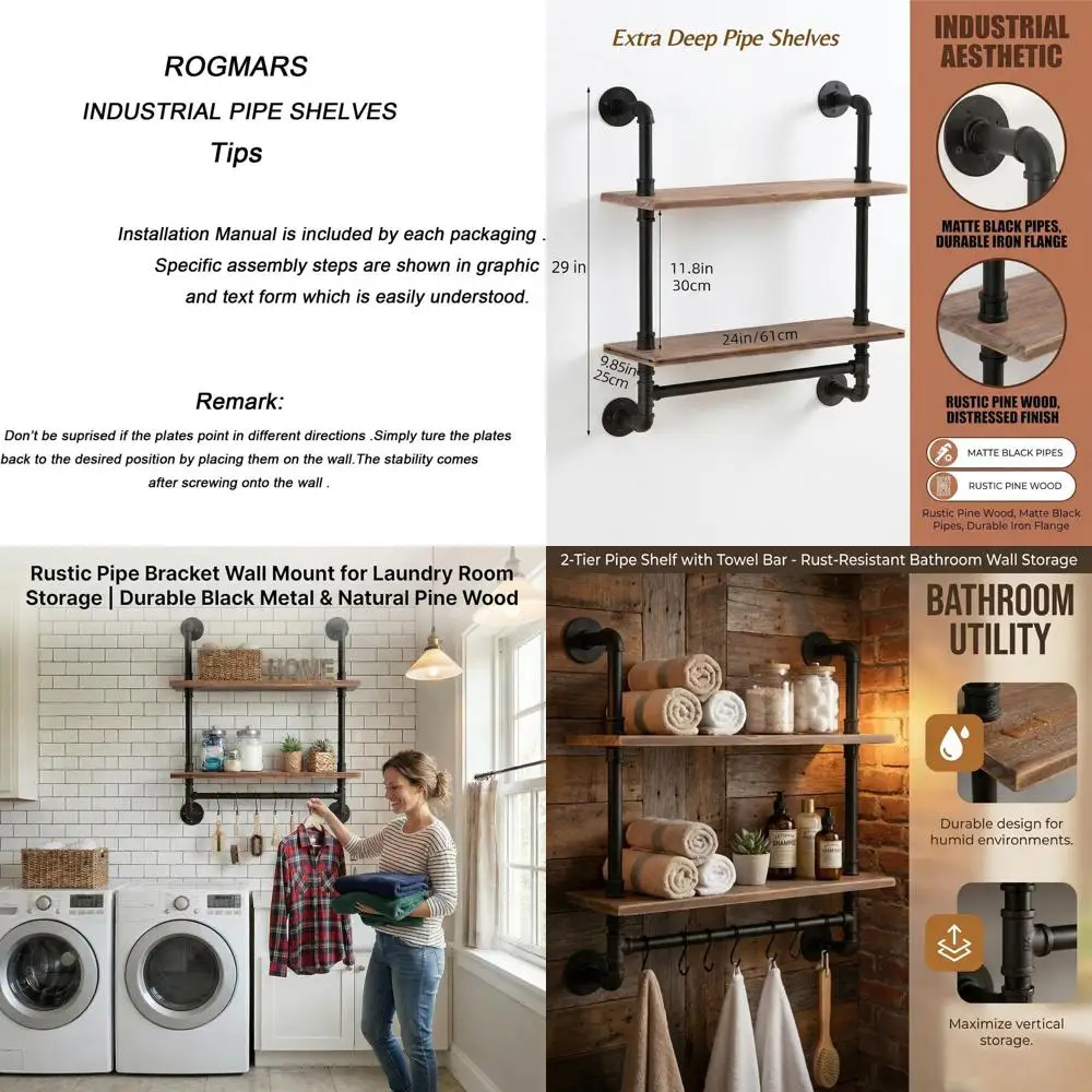 Industrial Pipe Shelving with Towel Bar, 24 Pine Wood Floating or Wall-Mounted for Bathroom, Bedroom, Kitchen, and Living Room
Industrial Pipe Shelving with Towel Bar, 24 Pine Wood Floating or Wall-Mounted for Bathroom, Bedroom, Kitchen, and Living Room