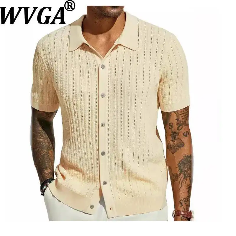 WVGA Men's Summer New Cool Knitted Turn-down Collar Trendy Solid Color Short Shirts Niche Chic Casual Hollow Out Tops Ins W23250
WVGA Men's Summer New Cool Knitted Turn-down Collar Trendy Solid Color Short Shirts Niche Chic Casual Hollow Out Tops Ins W23250