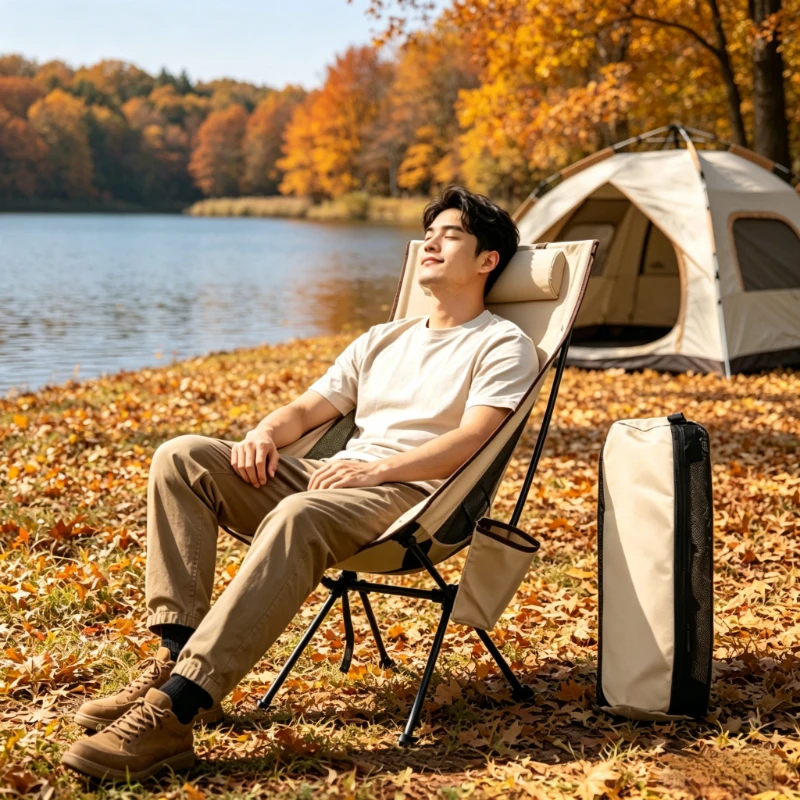 Beige outdoor travel chair, foldable lightweight build, integrated headrest and aluminum frame for fishing and camping
Beige outdoor travel chair, foldable lightweight build, integrated headrest and aluminum frame for fishing and camping