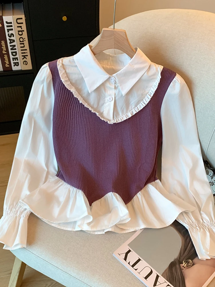 French Sle Splice irt Women's Purple Lace Trim Blouse Fake Two-Piece Bubble Sve Straight Cut Long Sve Casual Top
French Sle Splice irt Women's Purple Lace Trim Blouse Fake Two-Piece Bubble Sve Straight Cut Long Sve Casual Top