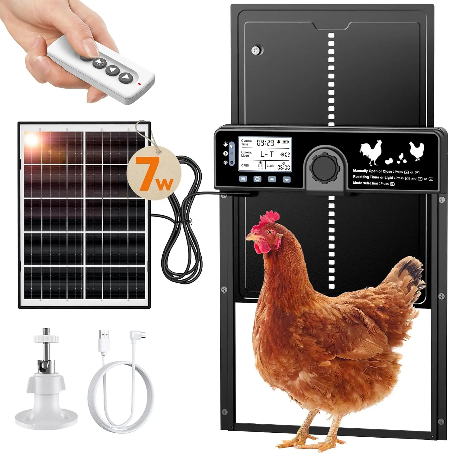 7W Solar Chicken Coop Door with LCD, Remote, Timer, Weatherproof for Poultry
7W Solar Chicken Coop Door with LCD, Remote, Timer, Weatherproof for Poultry