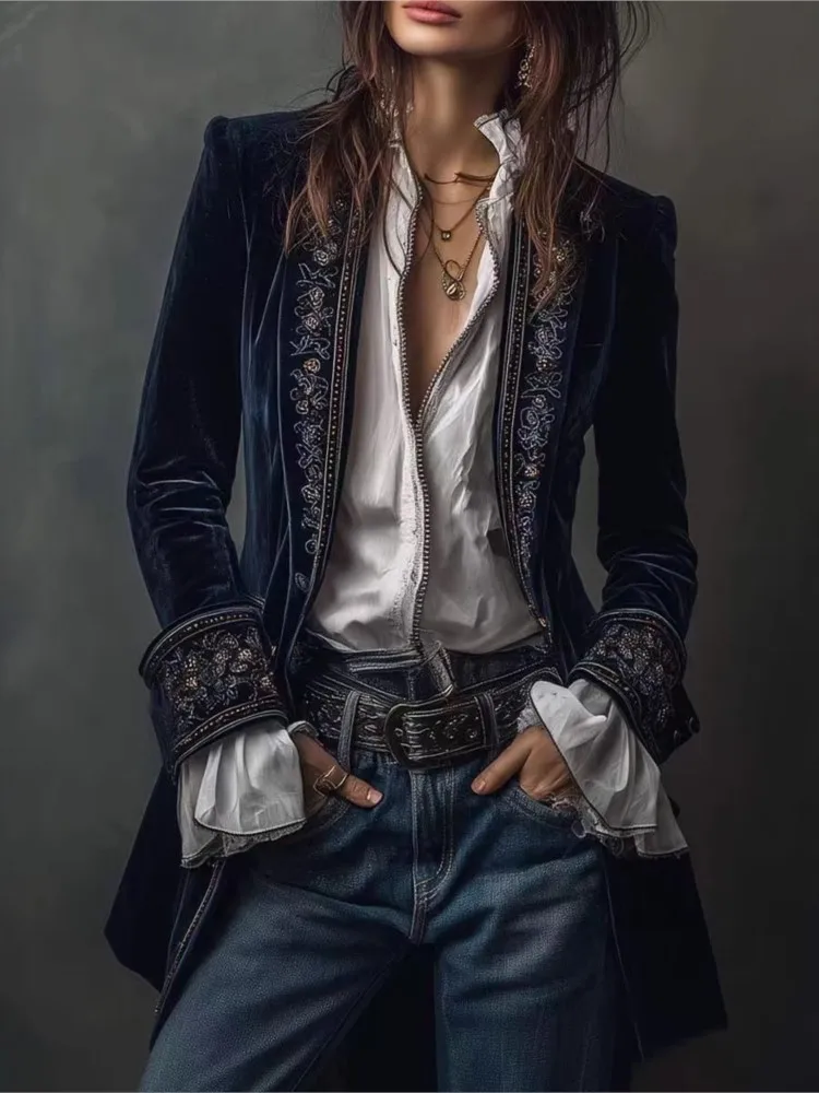 Vintage Slim Fit Velvet Suit Jacket Outerwear Autumn Winter Elegant Floral Pattern Lapel Collar Button Blazers Coat For Women
Vintage Slim Fit Velvet Suit Jacket Outerwear Autumn Winter Elegant Floral Pattern Lapel Collar Button Blazers Coat For Women