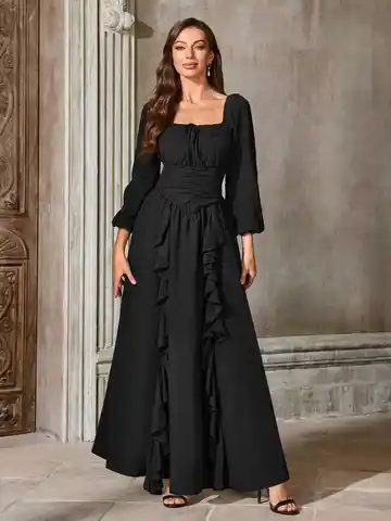 Renaissance Medieval Dress Women Ren Faire Dress, Square Neck, Long Puff Sleeves, Smocked Bodice, Ruffle Details