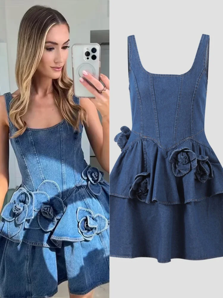 Fashion Layered Ruffle Mini Denim Dress Women 3d Flowers U Collar Backless Skinny AZipper -line Sling Robe New Summer Streetwear
Fashion Layered Ruffle Mini Denim Dress Women 3d Flowers U Collar Backless Skinny AZipper -line Sling Robe New Summer Streetwear