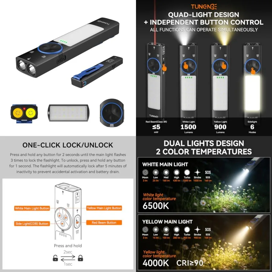 YC8005 4-in-1 2000 Lumens EDC Flat Flashlight Rechargeable, Pocket Light with Red Beam, UV, Yellow and White Light LED Combo, M
YC8005 4-in-1 2000 Lumens EDC Flat Flashlight Rechargeable, Pocket Light with Red Beam, UV, Yellow and White Light LED Combo, M