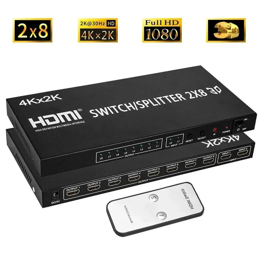 4K 3D 2x8 HDMI Switch Splitter Screen Mirror Video Converter 2 In 8 Out for PS4 DVD Camera Laptop PC To Multiple TV 8 Monitor
4K 3D 2x8 HDMI Switch Splitter Screen Mirror Video Converter 2 In 8 Out for PS4 DVD Camera Laptop PC To Multiple TV 8 Monitor